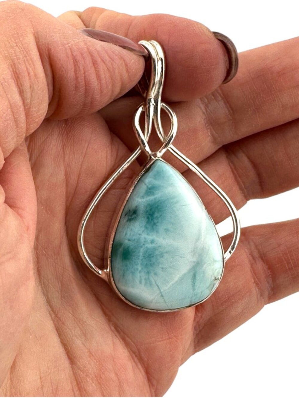 Larimar Pendant 925 Sterling Silver Teardrop Ocean Blue Gemstone Openwork - Picture 2 of 10